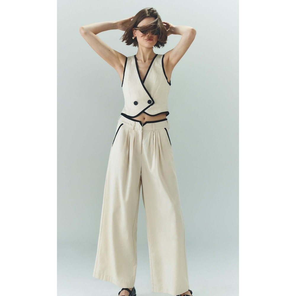 Anthropologie Sovere Women Tailored Wide Leg Pleated Ivory Black Preppy Pants M